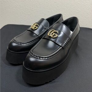 Gucci Black Leather Platform Loafers with Gold Double G
